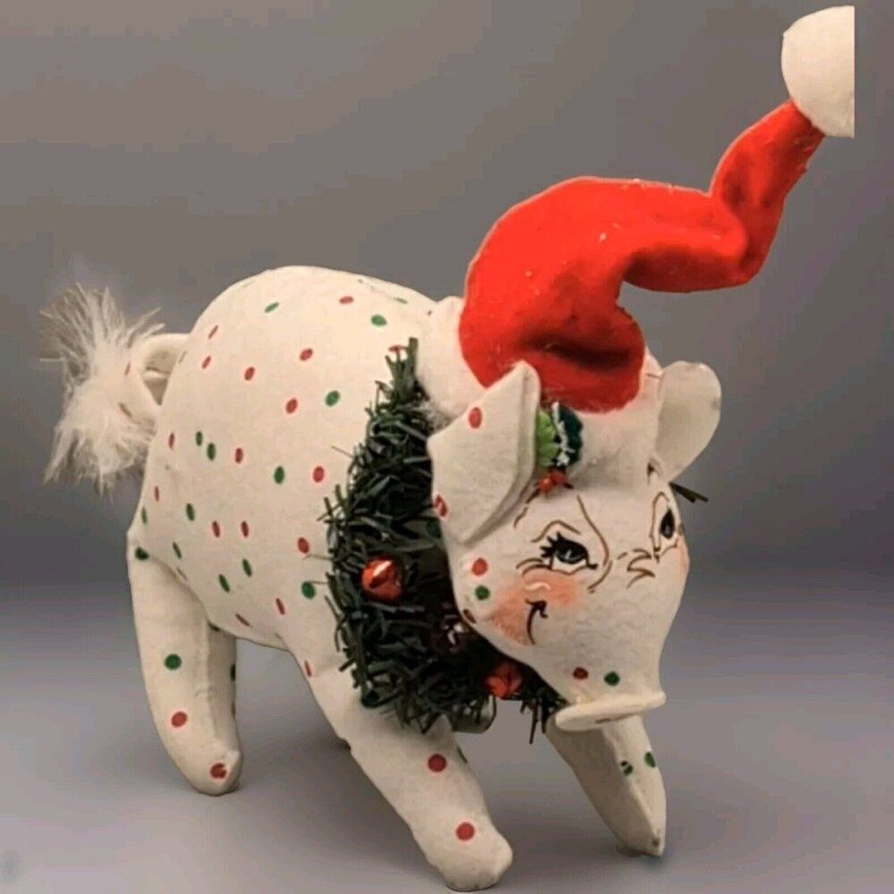Annalee 2006 Christmas Pig w/ Santa Hat 8" Polka Dots Christmas Dolls Holiday